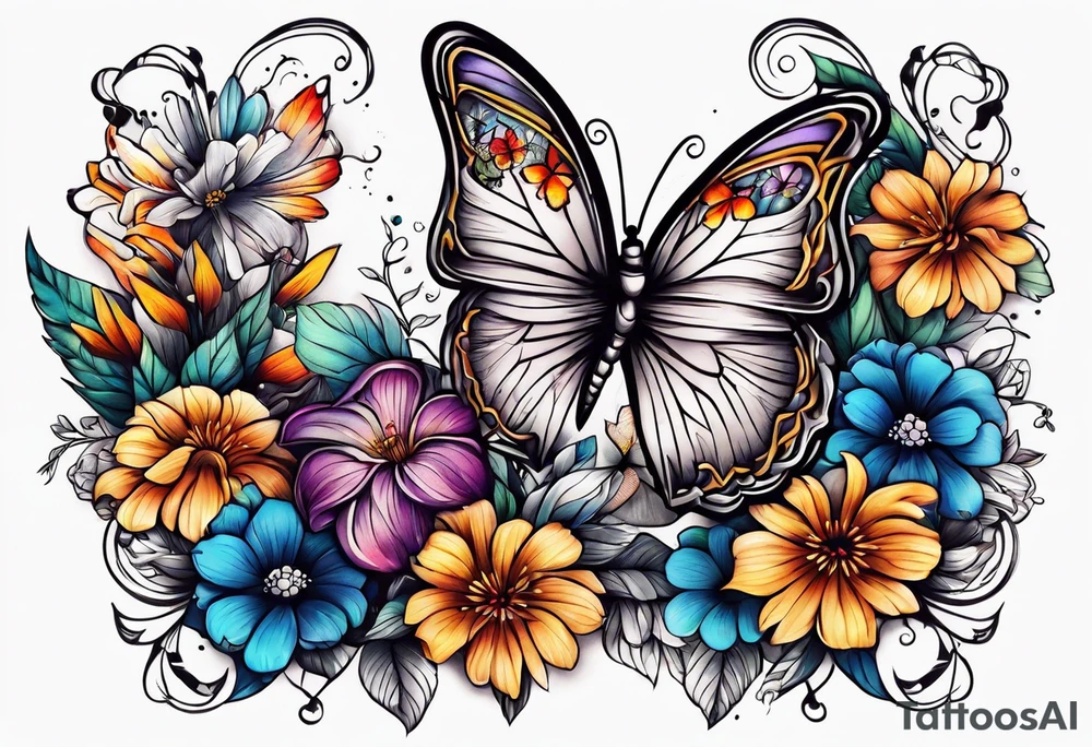 rib cage with flowers surrounding it and butterflies tattoo idea