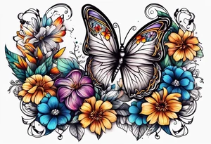 rib cage with flowers surrounding it and butterflies tattoo idea