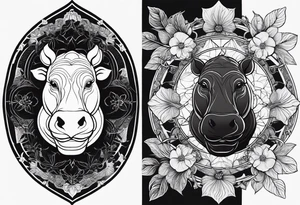 Very asymmetrical, +geometric pattern, with realistic full moon, with seeious looking hippo, +zen feel, + Buddhism touch,
with wintersweet flower bud, +portrait orientation, +inkart touch, tattoo idea