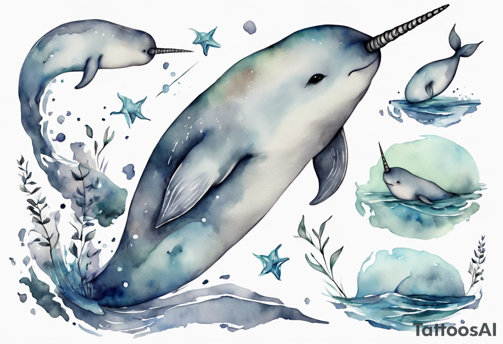 a melancholy watercolor painting of a realistic narwhal in a grey sea tattoo idea