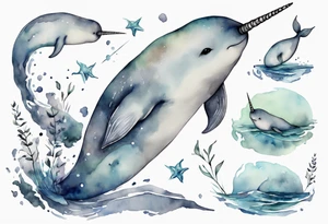 a melancholy watercolor painting of a realistic narwhal in a grey sea tattoo idea