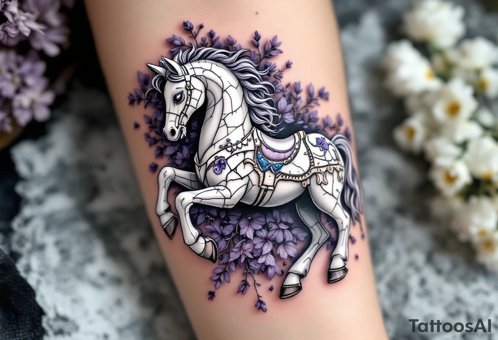 Tim Burton’s broken carousel horse rests in a bed of wilted lavender and cracked bone-white porcelain. tattoo idea