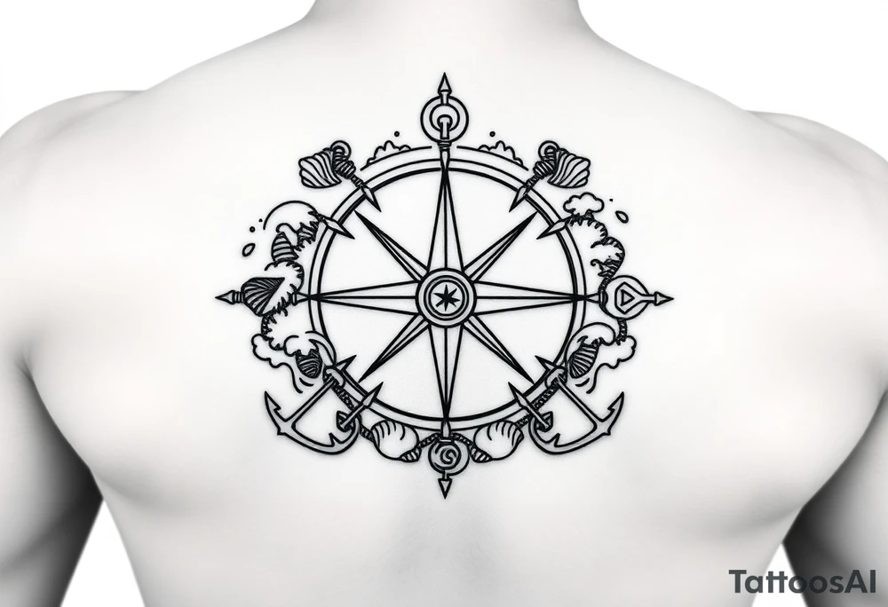 Tattoo sketch, black and white, clean line art. Central Vegvísir (Norse compass) symbol, surrounded by circular frame of stylized ocean waves, foam, shells and anchors. Balanced composition, fine line details, mythological marine theme. Minimalist but bold, stencil-style, designed for forearm tattoo. tattoo idea