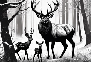 a large majestic male with large antlers, a graceful female and a small fawn. In the background, majestic trees, such as spruce and birch, tattoo idea