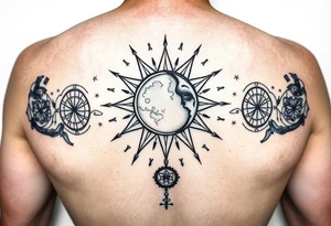 celestial sun and moon embrace with constellation patterns tattoo idea