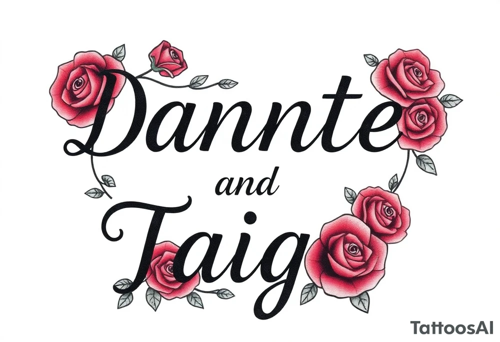 names Dante and Taiga surrounded by roses tattoo idea