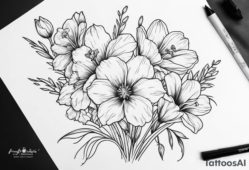 a tall, vertical minimalist style line art tattoo of a bouquet of violets, daffodils, gladiolus, and cosmos tattoo idea