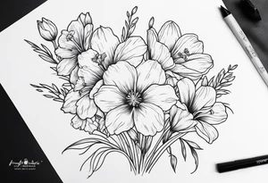 a tall, vertical minimalist style line art tattoo of a bouquet of violets, daffodils, gladiolus, and cosmos tattoo idea