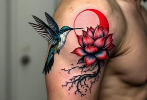 A hummingbird drinking from a lotus flower with one wing made of light (sun disc) and the other made of shadow (crescent moon) (red and black only) tattoo idea