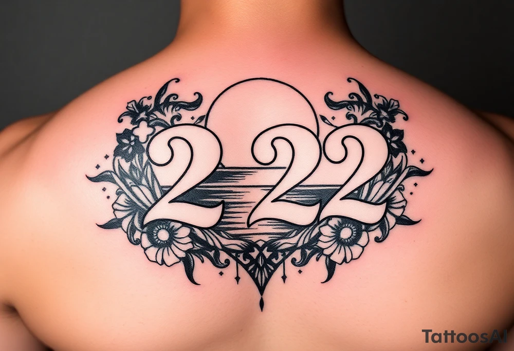 Bold 222 surrounded with sunset and love and stardust and vibration tattoo idea
