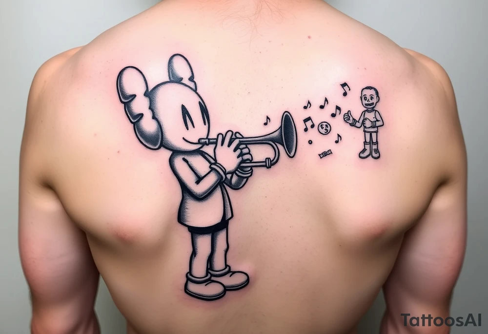 Kaws figure playing mellophone with notes coming out and a smaller kaws figure flexing money tattoo idea