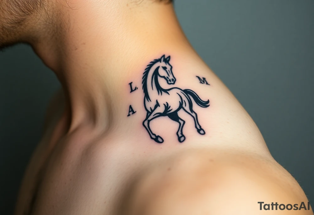 horse silhouette from the front which gallops from the front, with the 3 small letters discreetly integrated: L, A, M tattoo idea