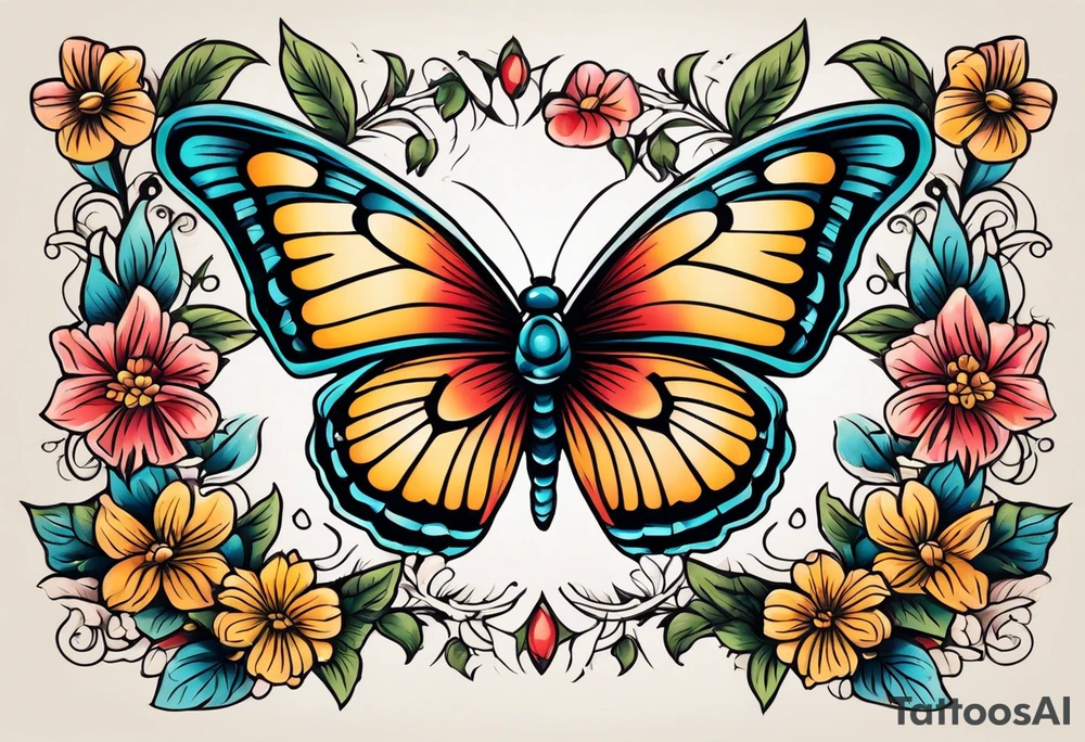 butterfly 
with flowers around it vintage old school traditional tattoo idea