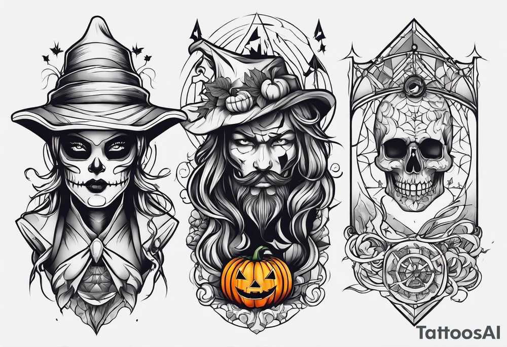 Create a Halloween tattoo with lots of colors and iconic characters tattoo idea