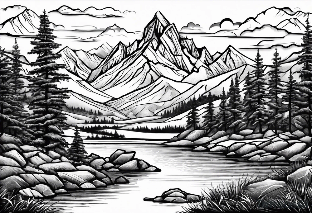 Mountains and in the mountains is a sun with sunbeams that comes out on the mountains from the mountains a river runs down tattoo idea