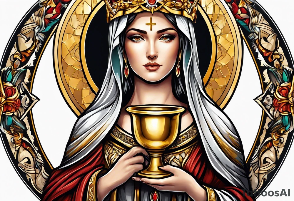 holy saint woman with golden halo holding a chalice tattoo idea