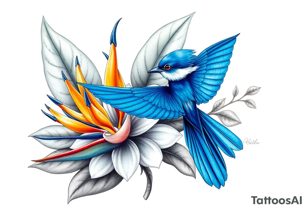 Bird of paradise flower with blue bird tattoo idea