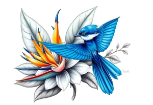 Bird of paradise flower with blue bird tattoo idea