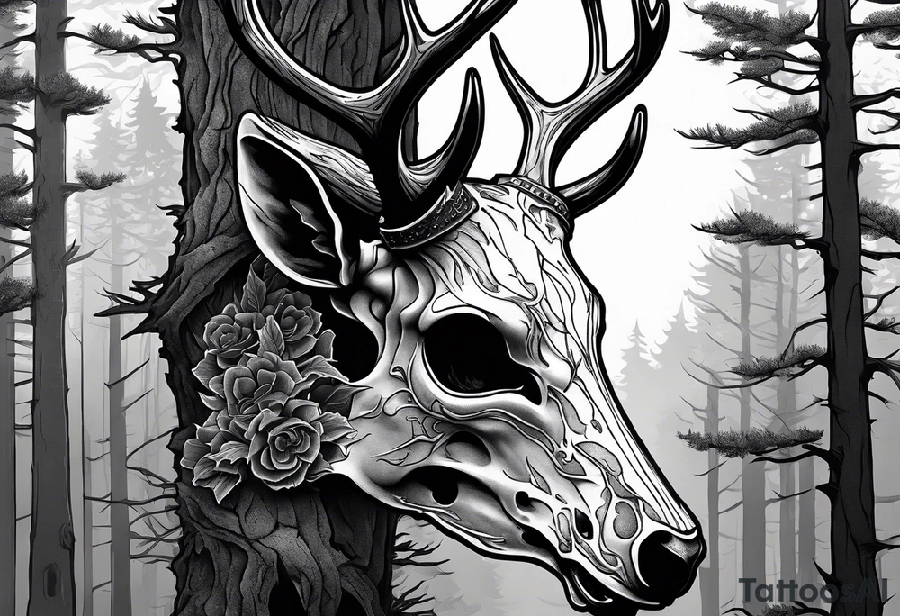 A side view of a decayed deer skull JUST BONE surrounded by trees and fire in background tattoo idea