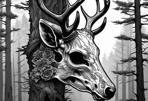 A side view of a decayed deer skull JUST BONE surrounded by trees and fire in background tattoo idea