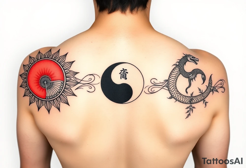 Full-wrap forearm tattoo design, intricate black and red ink. Fusion of Greek meander, neo-tribal and ancient Chinese motifs. Top half (day): Greek sun (red) with neo-tribal spikes + Chinese fenghuang bird silhouette. Bottom half (night): Greek moon (black) with yin-yang ouroboros snake + Chinese dragon scales. Hidden details: small Bagua trigrams in meander corners, Tree of Life as bamboo stalks. Seamless geometric pattern, sharp line art, no background. Cultural tattoo sleeve, balanced symmetry tattoo idea