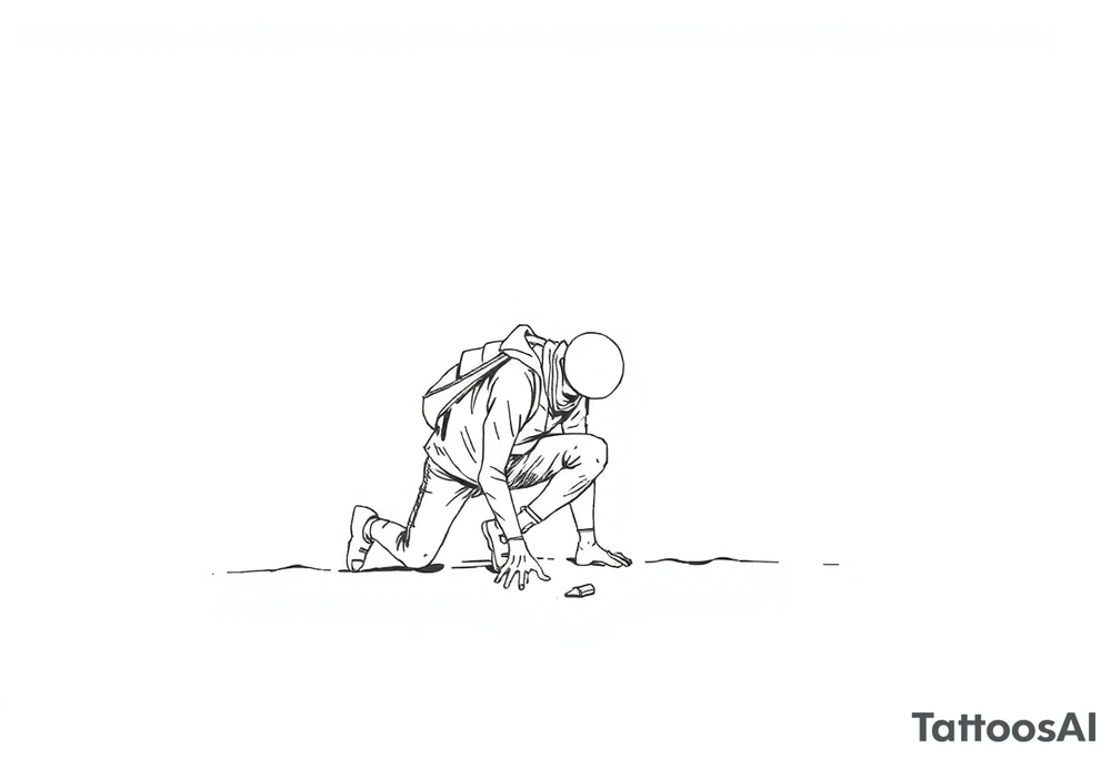 Everything everywhere all at once :Confusion and pressure in thin lines solo traveler with no face with his body parts left on the path behind him he’s crawling tattoo idea