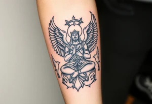 A tough warrior Saint Michael the Archangel meditates surrounded by birds tattoo idea