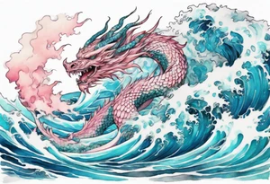 a beautiful turquoise pink and white Tiamat rising from the blue waves of the ocean tattoo idea