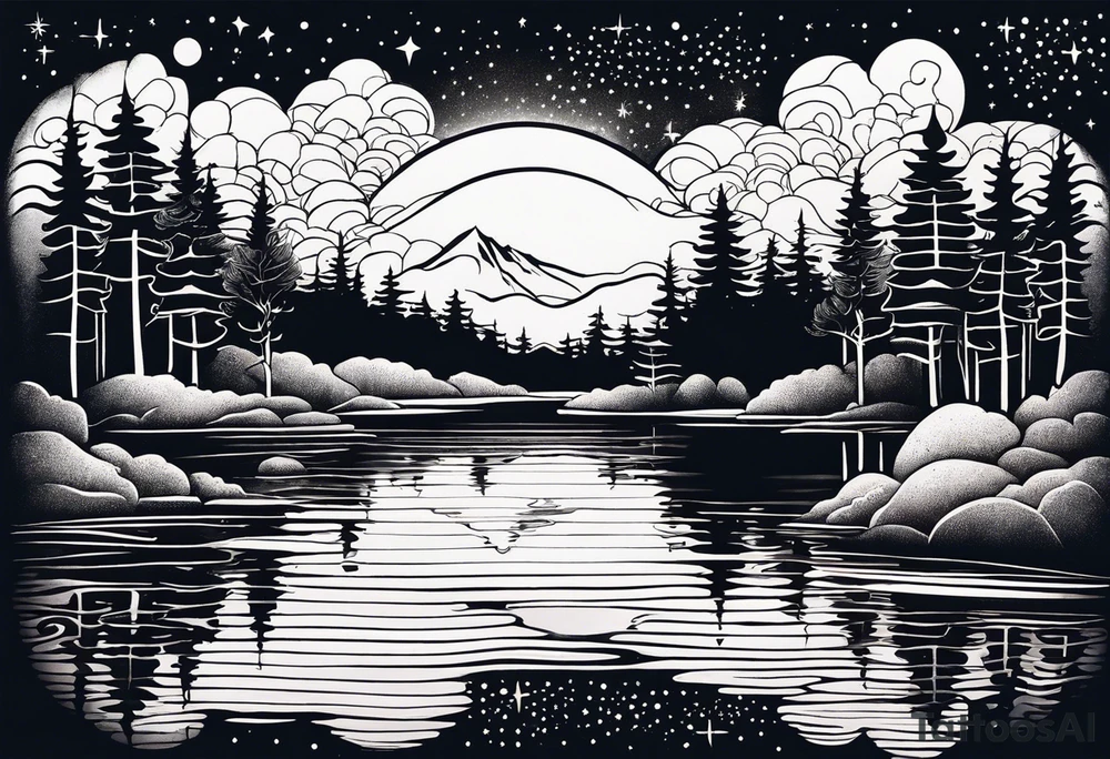 a lake reflecting a dark starry sky with a forest around it tattoo idea
