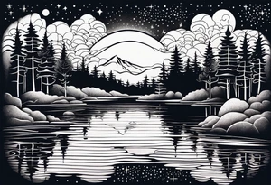a lake reflecting a dark starry sky with a forest around it tattoo idea