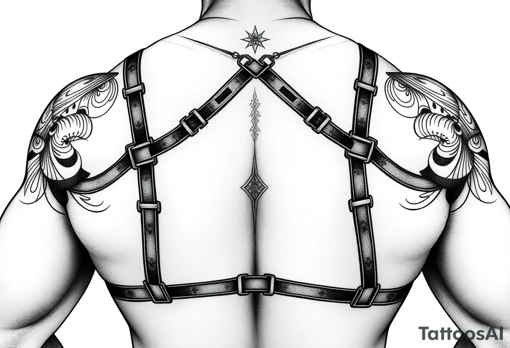 i want a tattoo that goes from the front to the back and and is similar to a harness. with connecting from my pecs to the back and also to my arms so they would be like the straps. i want to see the front and the back. i want it to be styled (the straps) like asian samoan type of pattern. i want the straps to look asian. not real straps. tattoo idea