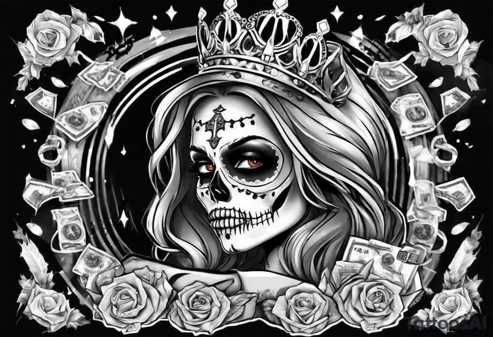 santa la muerta with money and crown
on the card tattoo idea