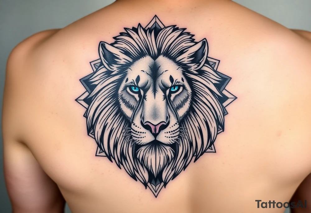 Half vertical Lions face with big flowy mane in a more realism style. Placement is on the back of the leg. The other half blends elements of curiosity and exploration through nature elements (forest, water, etc). Also add in geometric patterns around the lion. Make the eyes blue. Hide the date 03.12.2025 in Roman numerals somewhere in the geometric patterns. Think real hard and creatively tattoo idea
