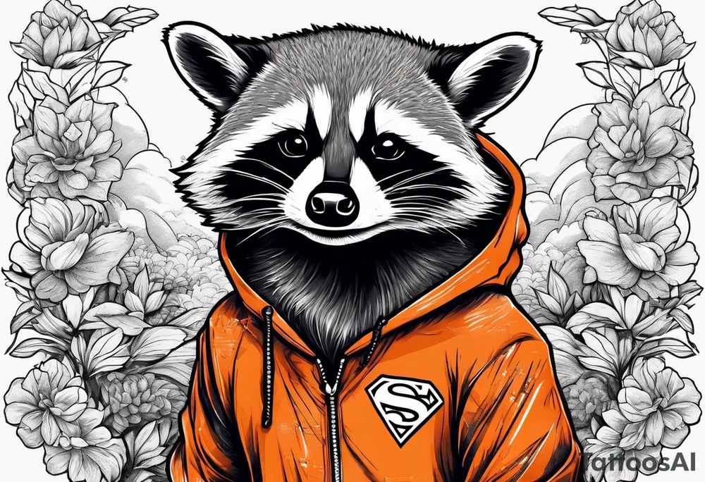 Raccoon wearing an orange Superman hoodie tattoo idea