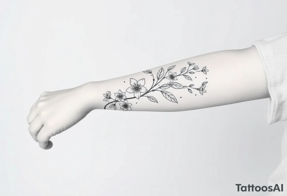 starting from a band mid forearm, sleeve of narcissus flowers and holly flowers going up the arm tattoo idea
