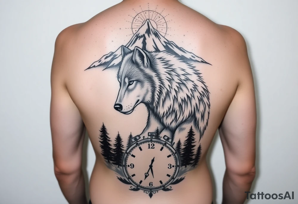 A full sleeve tattoo. At the top should be a majestic mountain top surrounded by the night sky and stars. Below the mountain top should be a majestic father wolf watching over his son. There should be water showing the reflections of both of the wolves. Beneath the water should be a time clock that shows the time as 1:43. There should be trees to fill in the gaps. tattoo idea