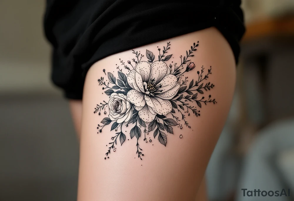 vintage bouquet of wild roses and meadow flowers with morning dew tattoo idea