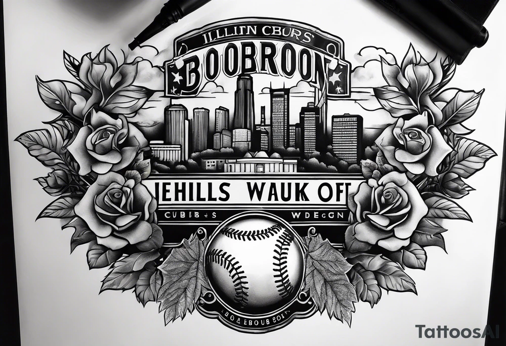 Bicep and shoulder tattoo with theme around the state of Illinois, cubs baseball, and bourbon tattoo idea