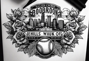 Bicep and shoulder tattoo with theme around the state of Illinois, cubs baseball, and bourbon tattoo idea
