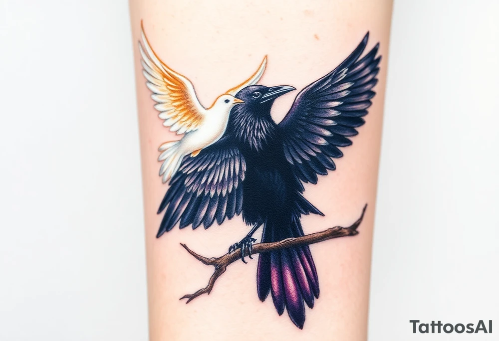 A pure white dove, soaring with soft golden light in its wings, is sharply contrasted with a black raven, its feathers shimmering in deep purples and blacks, perched ominously on a gnarled branch, symbolizing the tension between peace and darkness. tattoo idea