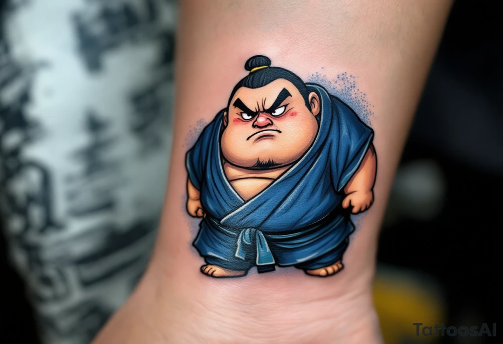 A sumo wrestler in traditional blue mawashi with a focused expression and stylized black outlines. tattoo idea