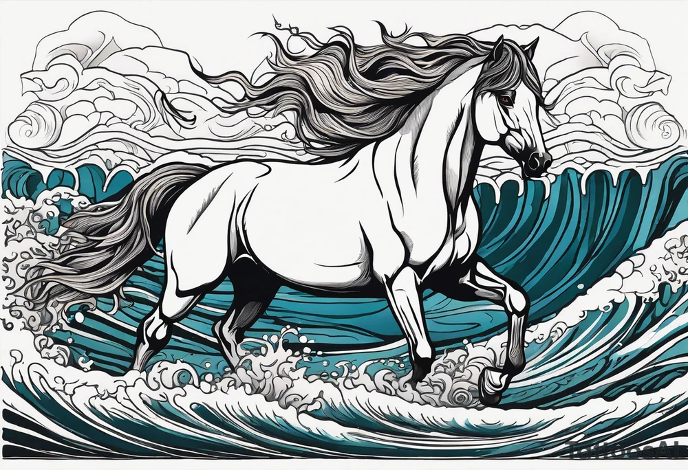 A horse rising from the waves of the sea. Framed in a driftwood and seaweed border. tattoo idea