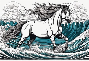 A horse rising from the waves of the sea. Framed in a driftwood and seaweed border. tattoo idea