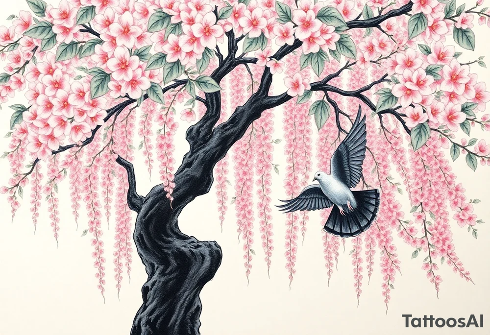 A big pink, weeping tree with huge  lushish leaves and a beautiful trunk. there are 2 doves. 1 is a flying into the sky. The second one is hovering above the ground that’s turning black like she stained with grief. Goth romance 
These are the dates I want dainty in the heavily overflow of weeping cherry blossom branches and leaves March 31, 2024 – July 2, 2024 tattoo idea