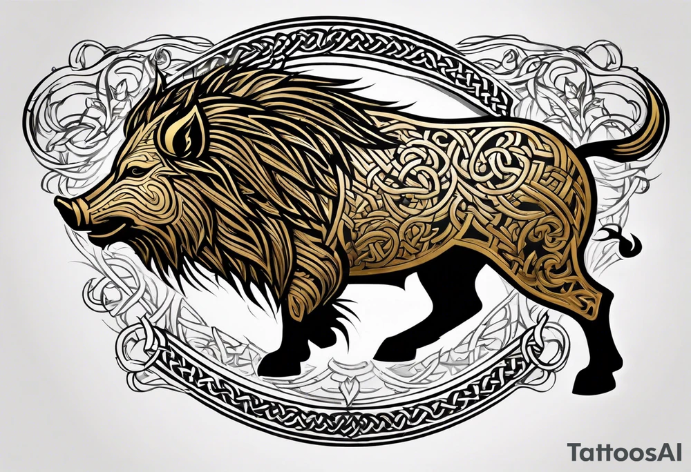 A classic tribal Celtic boar Integrated with a Chatwin, family crest and a Thistle. Simple with few lines. Blue and gold Chevron Chatwin family crest tattoo idea