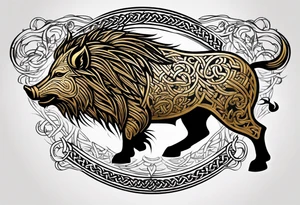 A classic tribal Celtic boar Integrated with a Chatwin, family crest and a Thistle. Simple with few lines. Blue and gold Chevron Chatwin family crest tattoo idea