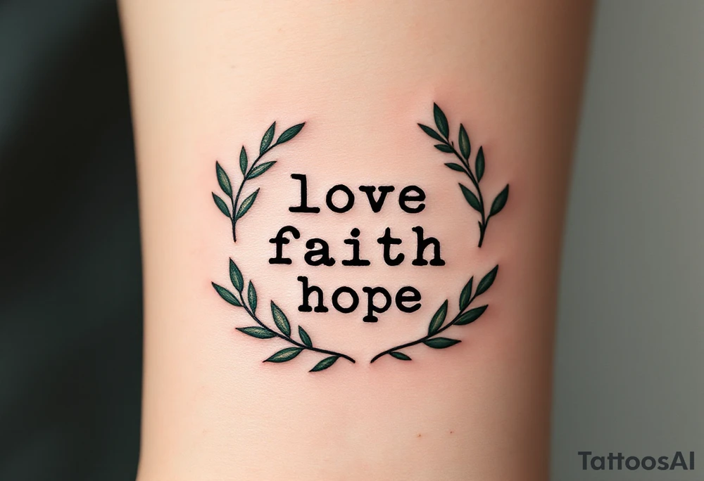 Minimalist black typewriter font love faith hope surrounded by delicate olive branches in deep green. tattoo idea