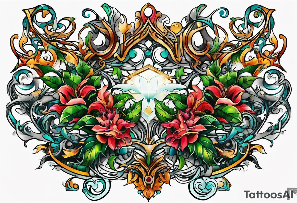 Bold geometric tapestry trident vines in colour on arm tattoo idea
