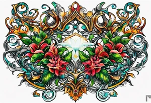 Bold geometric tapestry trident vines in colour on arm tattoo idea