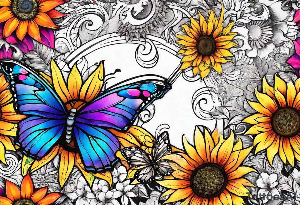 arm sleeve with winged cross, rainbow sunflowers and butterflies tattoo idea